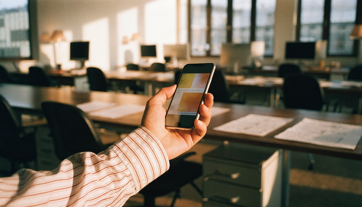 Hand hält ein Smartphone mit einem frisch erzeugten Website-Layout, dahinter unscharf ein leeres Großraumbüro im Morgenlicht