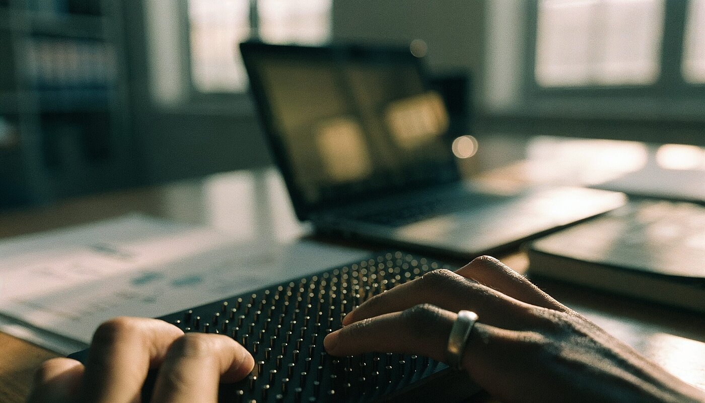 Fingerspitzen lesen eine Braillezeile vor einem unscharfen Laptop