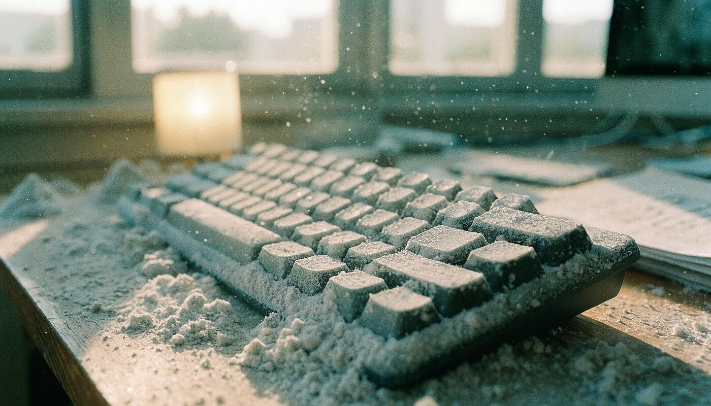 Dicke Staubschicht auf einer alten Computertastatur im Streiflicht