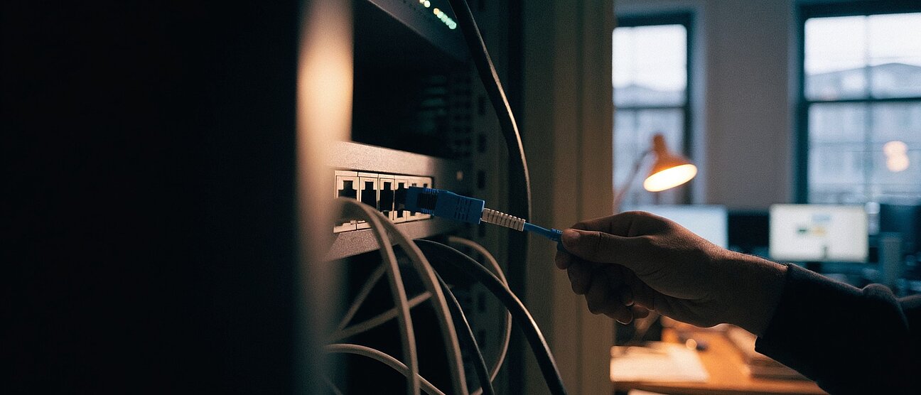 Eine Hand zieht im abendlichen Büro ein Netzwerkkabel aus einem Server